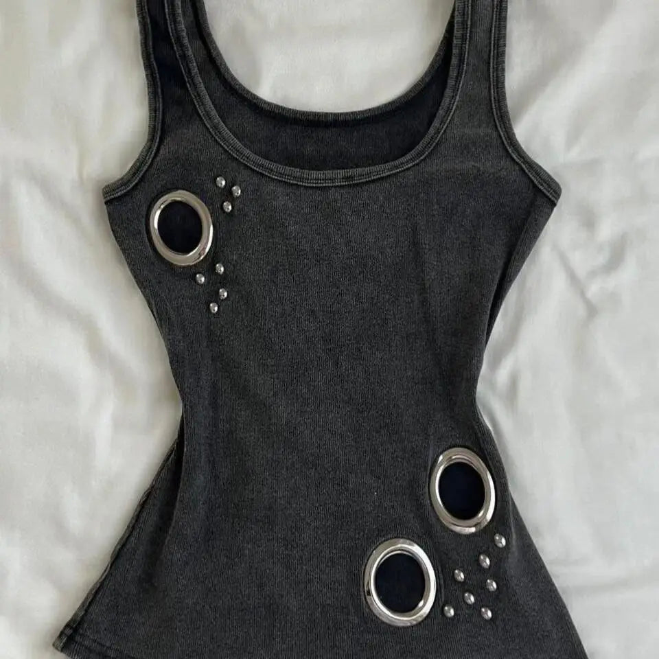 Summer new metal ring decoration slimming sleeveless women clothing retro washed fabric camisole vest for women