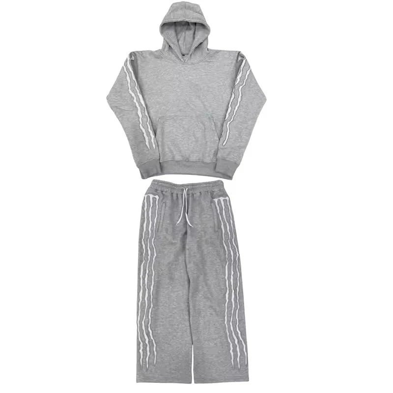 2 Pcs Tracksuit Co-ords Y2K Retro Casual Sweatpants Pullover Stripe Embroidery Fleece-lined Trendy Streetwear Unisex Sports Suit