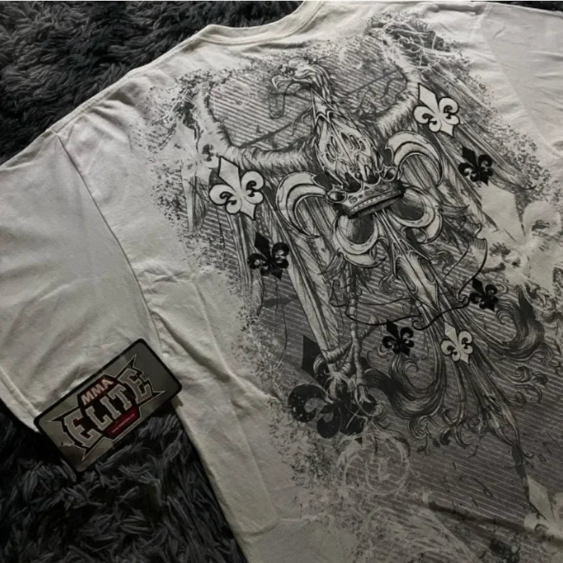 90s American Suffering Trendy Retro Fashion Print Round Neck Short Sleeved T shirt Women Y2K Street Style Gothic Couple Sports