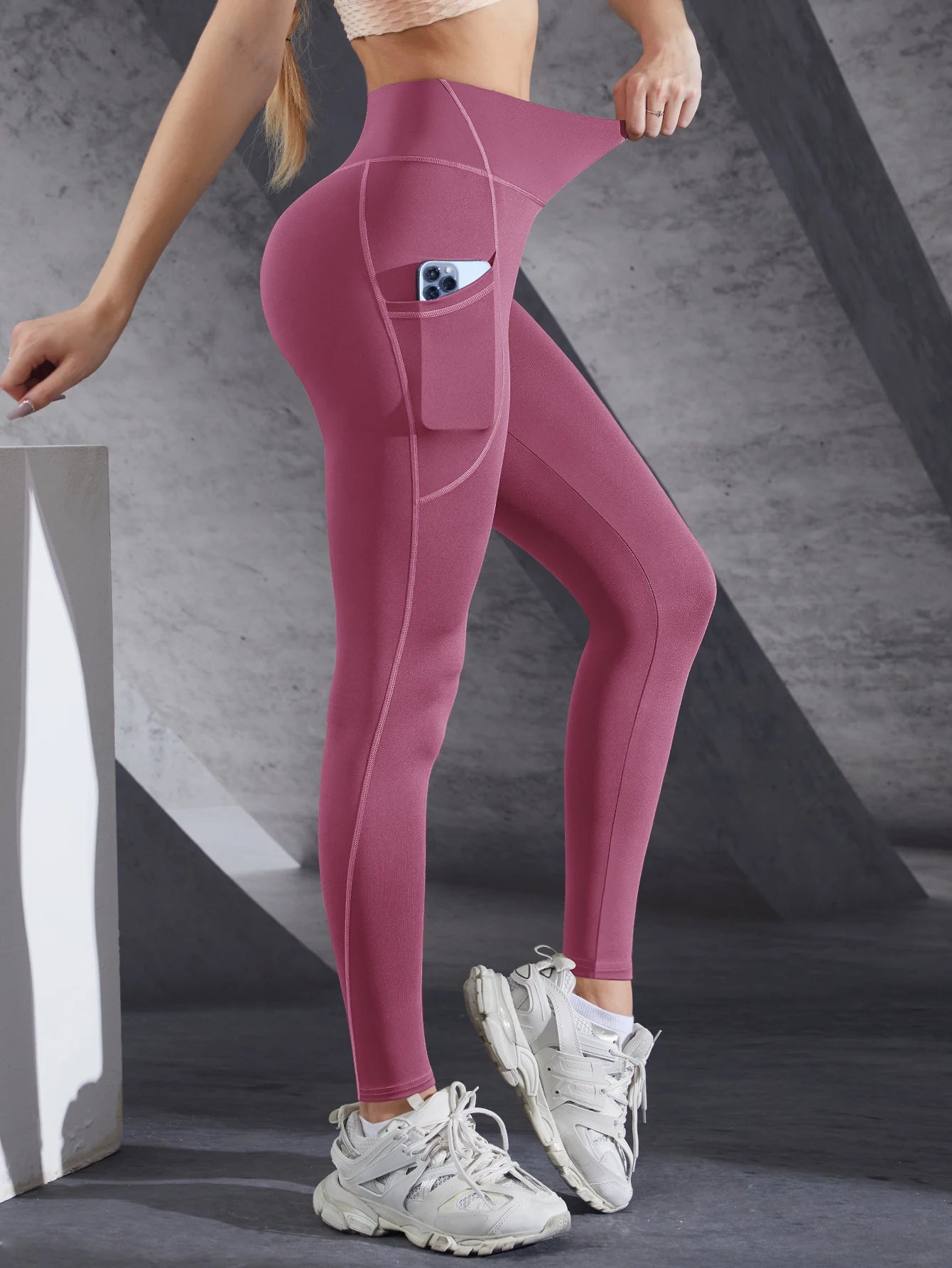 Women High Waist Elastic Workout Yoga Leggings Tummy Control With Side Pockets Pants Seam Gym Fitness Sportswear Tights