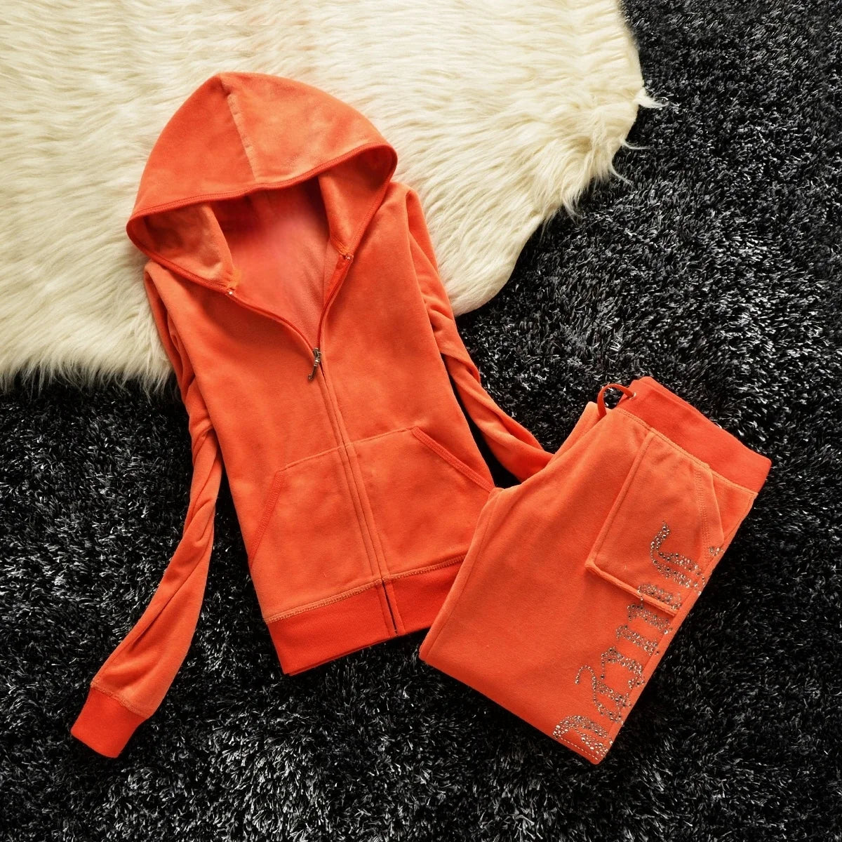 Winter Velvet Tracksuit for Women Juicy Tracksuit Heavy Duty Fleece Lined Hoodie and Pants Set | Solid Color Warm Jogger Outfit