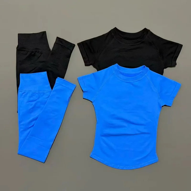 2 Pieces Impact Sports Sets  Short Sleeve Seamless Yoga Top Fitness Set Women Workout Running Sports Leggings Gym Suit