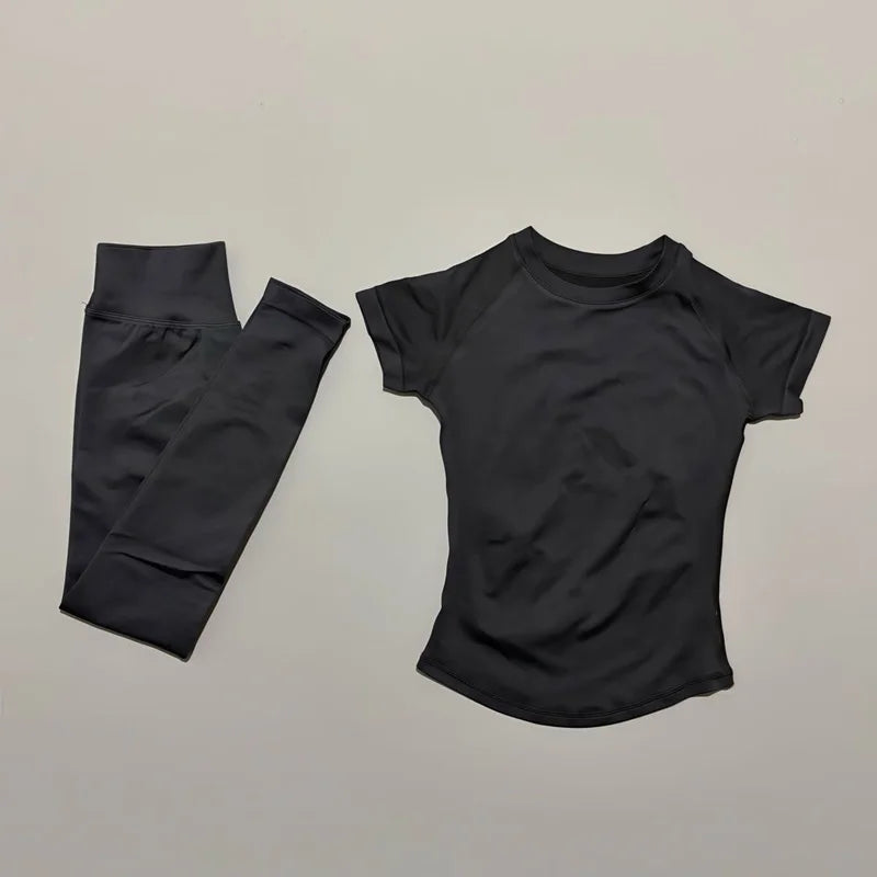 2 Pieces Impact Sports Sets  Short Sleeve Seamless Yoga Top Fitness Set Women Workout Running Sports Leggings Gym Suit