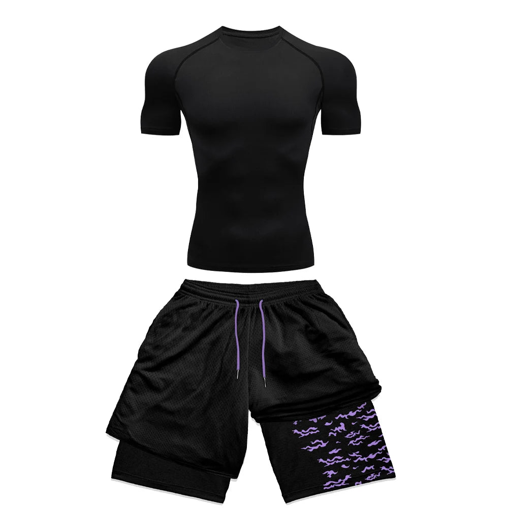 2PCS Anime Compression Sportswear Suit Men's Fitness Set Quick Dry Gothic Compression Shirt+Harajuk 2 in 1 Gym Shorts Summer