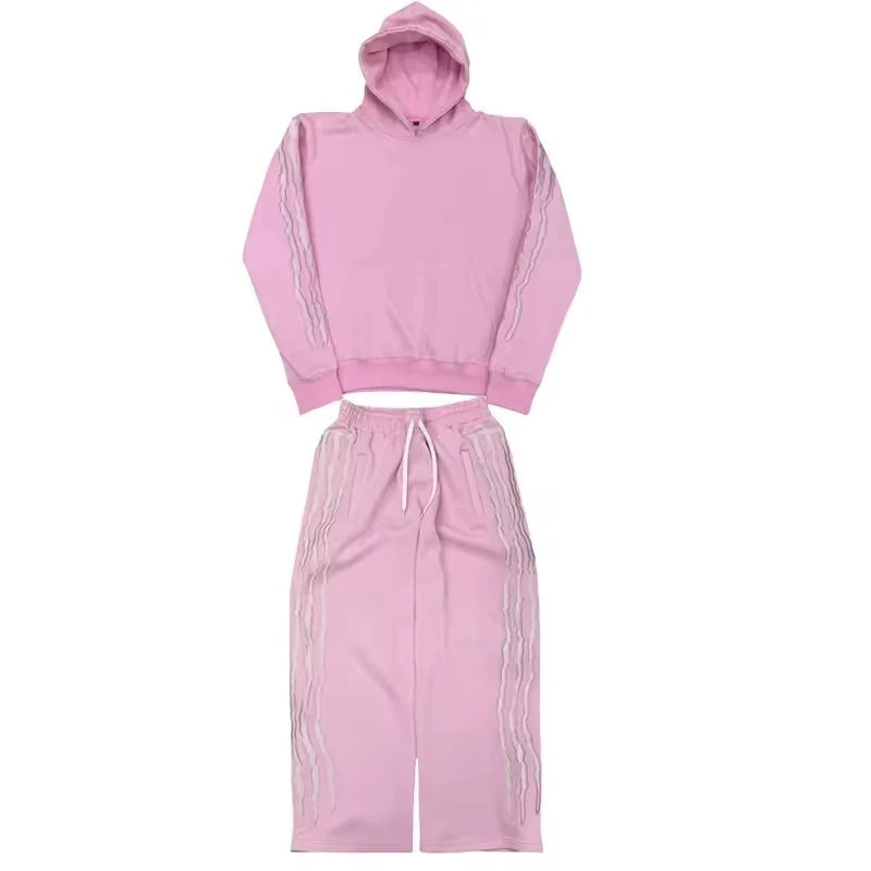 2 Pcs Tracksuit Co-ords Y2K Retro Casual Sweatpants Pullover Stripe Embroidery Fleece-lined Trendy Streetwear Unisex Sports Suit