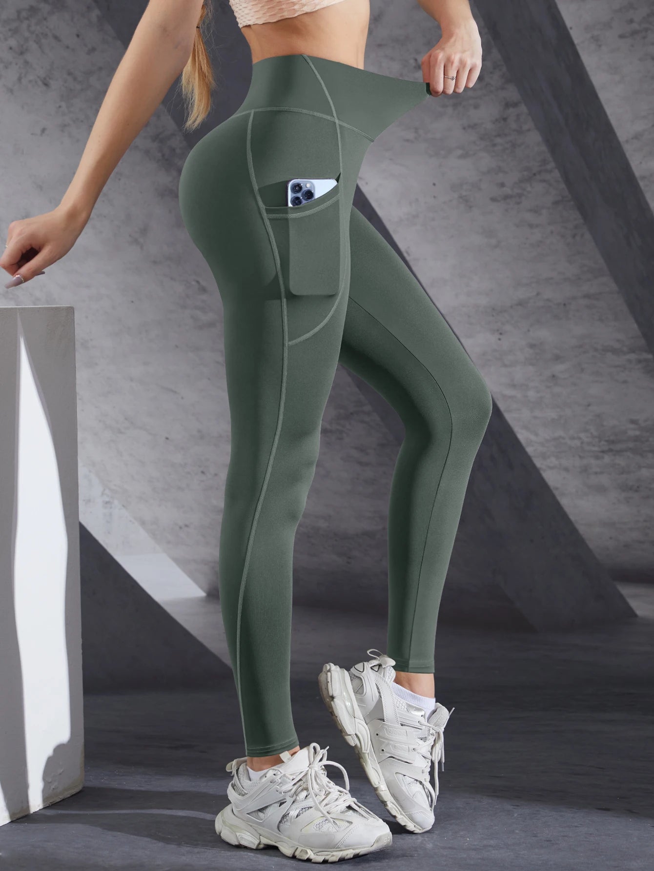 Women High Waist Elastic Workout Yoga Leggings Tummy Control With Side Pockets Pants Seam Gym Fitness Sportswear Tights