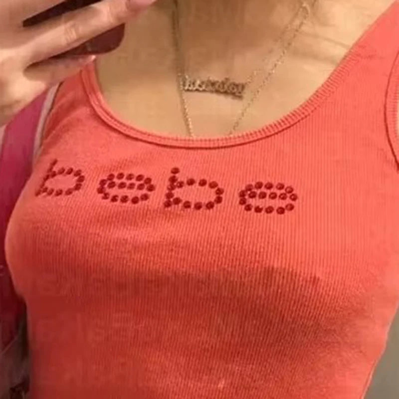 Summer Y2k Women's Corset Tank Top Baby Tee Rhinestone letters Print Vintage Streetwear t-shirt Gothic Slim Fit Sports Top