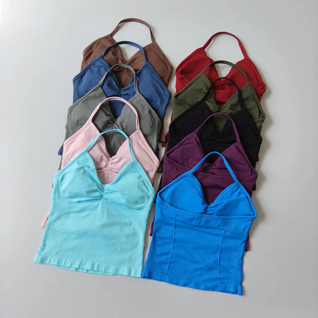 NO LOGO Women's Longline Strappy Backless Gym Top Scrunch Workout Open Back Bra Tank Top for Running Yoga Shirt