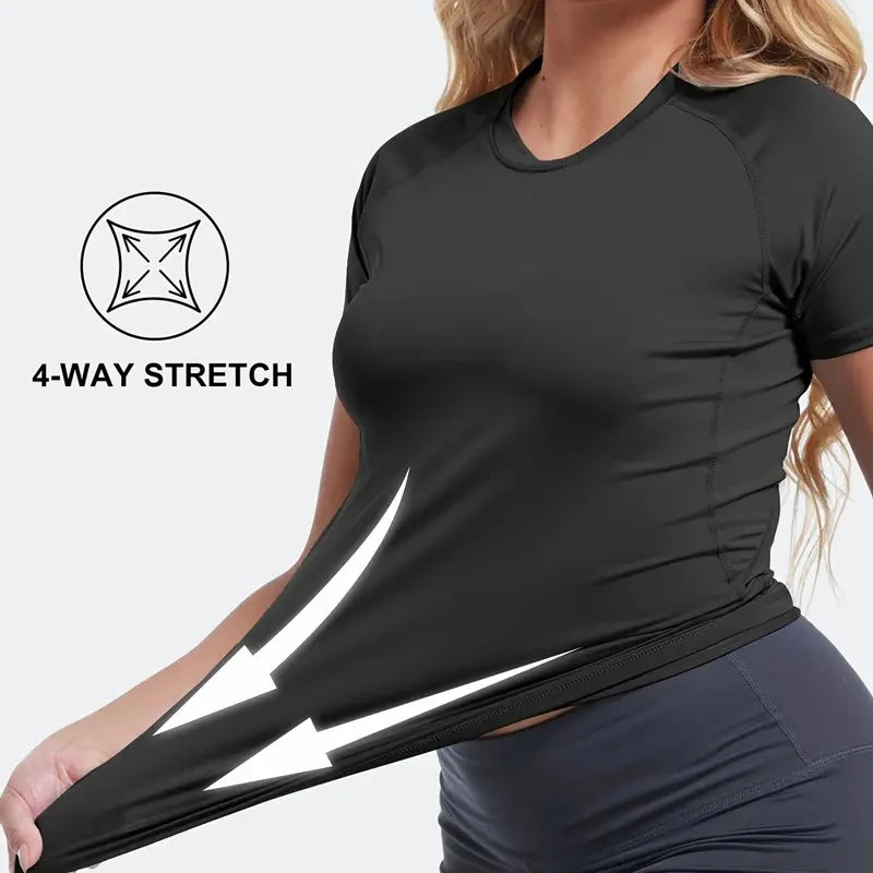 Graphic Short Sleeve Compression Shirt for Women Athletic Yoga Running Tees Tshirts Summer Gym Workout Quick Dry Baselayers Tops