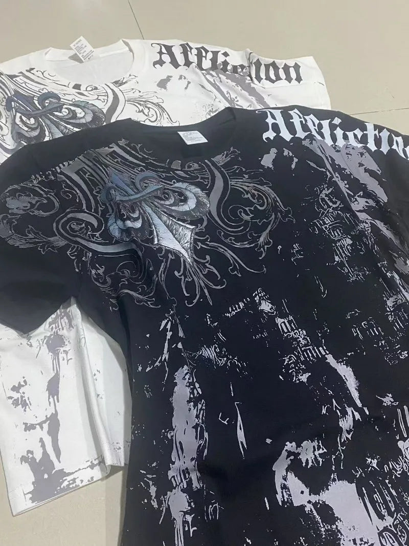 Affliction Out Of Print Short Sleeves Woman Hip Hop Black T Shirt Couple Y2K High Street Pure Cotton Tops Aesthetic Clothes