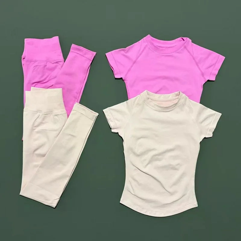 2 Pieces Impact Sports Sets  Short Sleeve Seamless Yoga Top Fitness Set Women Workout Running Sports Leggings Gym Suit