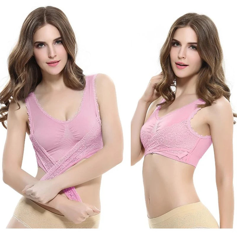 S-4XL Cross Side Buckle Sports Bra Sexy Lace Womens Underwear Thin No Rims Together Brassiere Seamless Shock-proof yoga Bralette