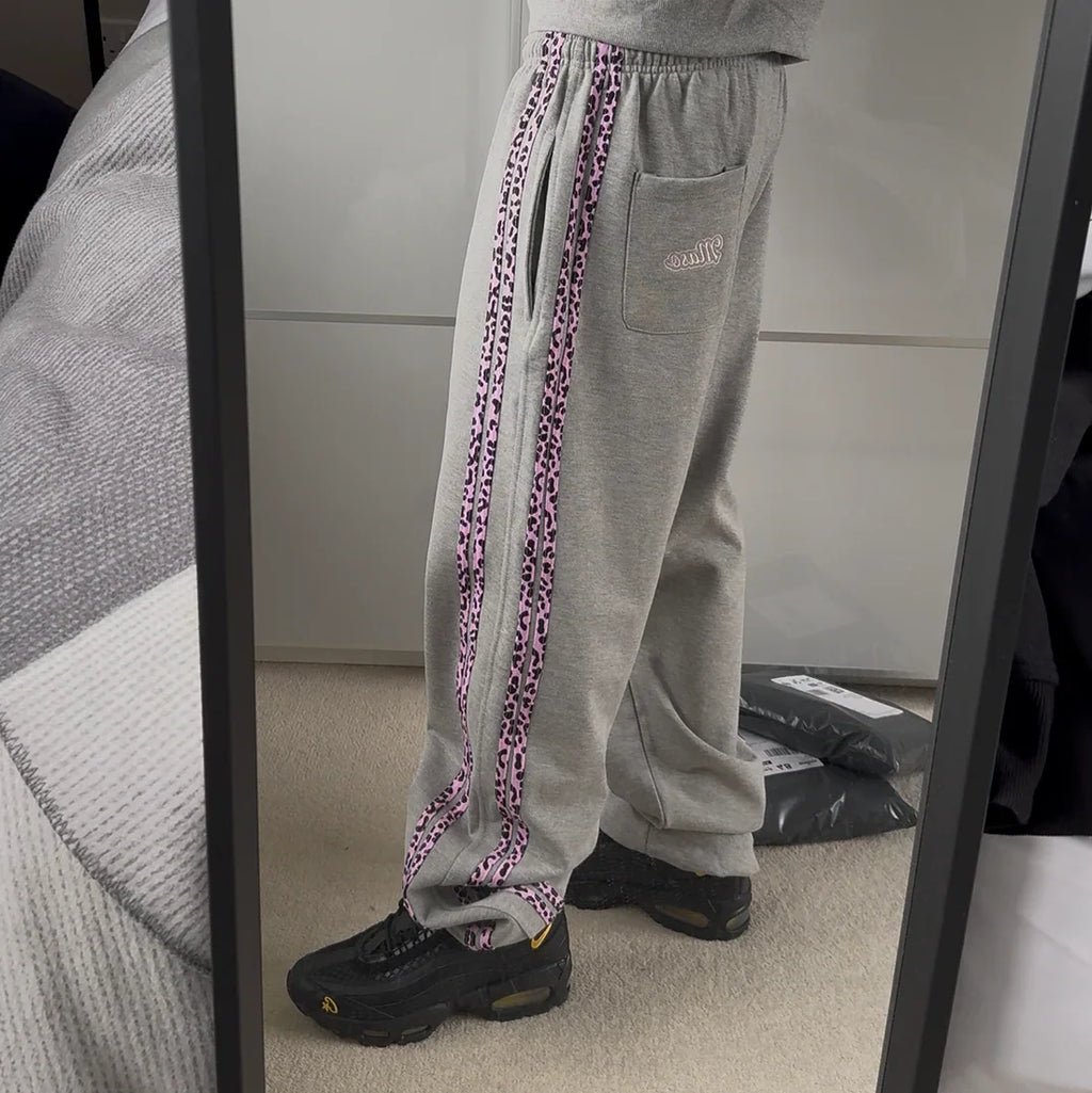 2026 Trendy Unisex Leopard Side Stripe Tracksuit Two Piece Set Men Women Oversize Grey Black Hoodie And Sweatpants Retro Waist