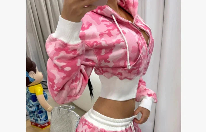 Pink Letter Graphic Zipper Sportswear Clothes  Y2K FashionWomen's Casual Short Top Set Sweatshirt Loose Sport Pants