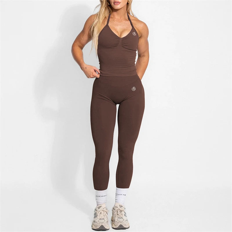 Women's Yoga Set Bum Balance Fitted Halter Tops & Shaping Pants 2pcs Yoga Sportwear Workout Gym Clothing High Waist Leggings Set