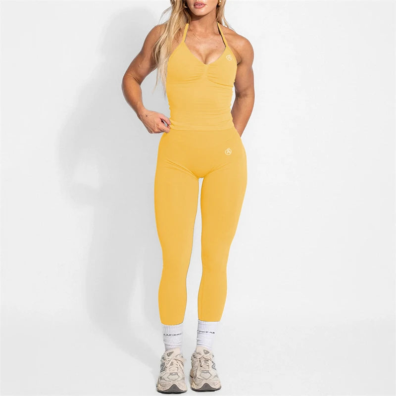 Women's Yoga Set Bum Balance Fitted Halter Tops & Shaping Pants 2pcs Yoga Sportwear Workout Gym Clothing High Waist Leggings Set