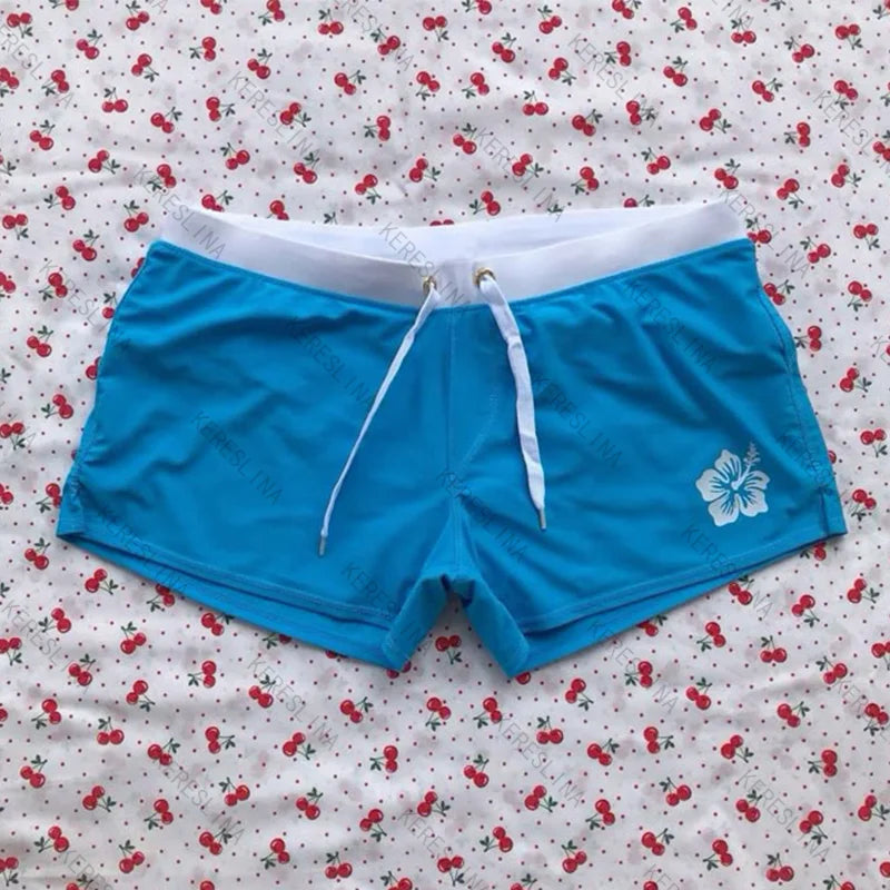 Vintage aesthetic floral print summer women's punk slim chic sexy blue mini shorts emo girls Y2K fashion casual goth streetwear