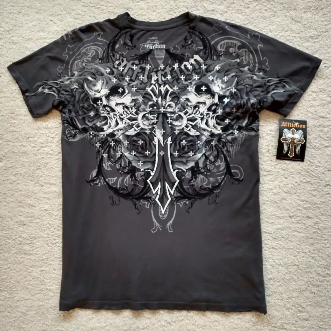 Affliction Out Of Print Short Sleeves Woman Hip Hop Black T Shirt Couple Y2K High Street Pure Cotton Tops Aesthetic Clothes