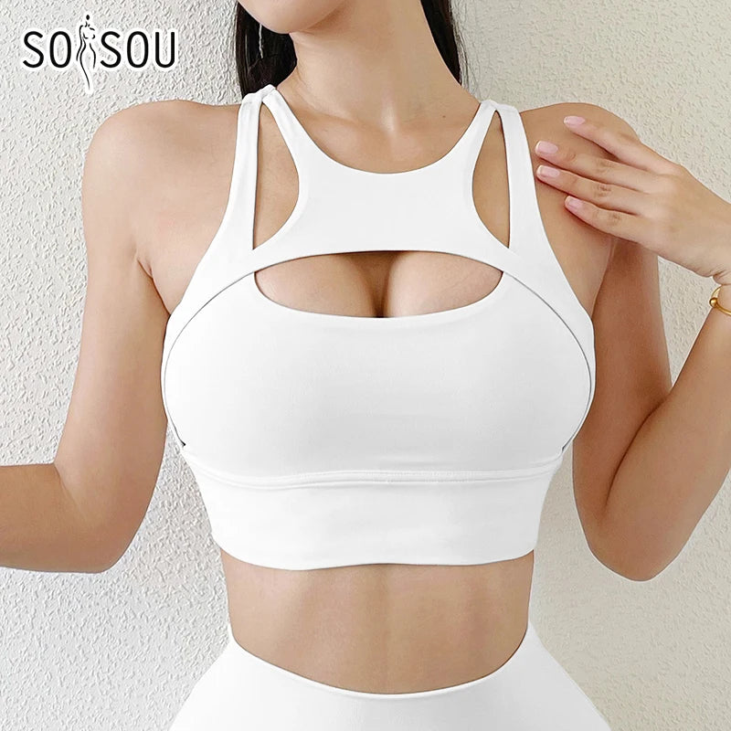 SOISOU Nylon Gym Sexiest Bra For Women Yoga Sport Top Women Tight Elastic Breathable Chest Pad Removable Crop Top 5 Colors