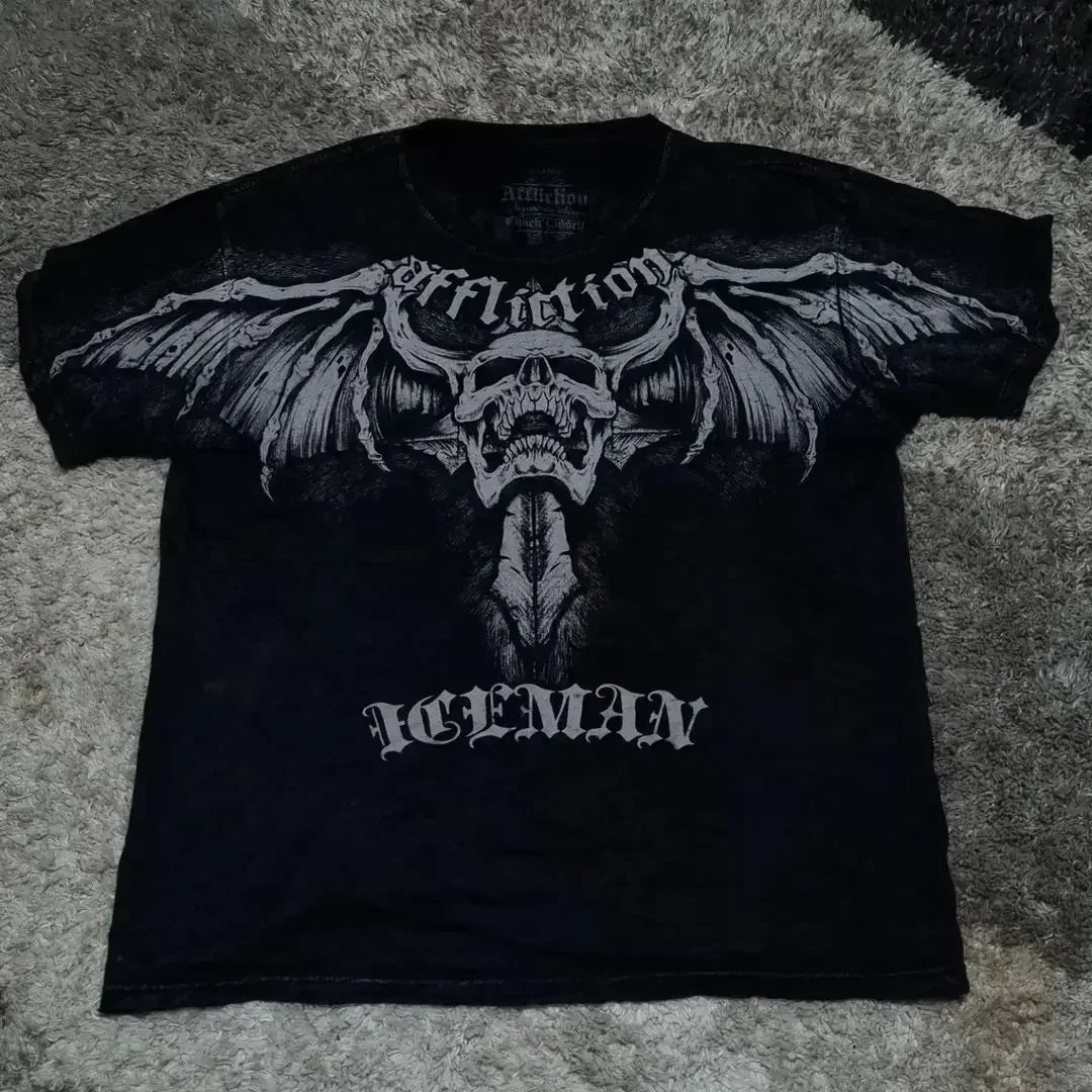 90s American Suffering Trendy Retro Fashion Print Round Neck Short Sleeved T shirt Women Y2K Street Style Gothic Couple Sports