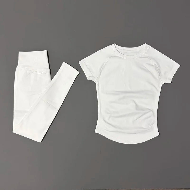 2 Pieces Impact Sports Sets  Short Sleeve Seamless Yoga Top Fitness Set Women Workout Running Sports Leggings Gym Suit