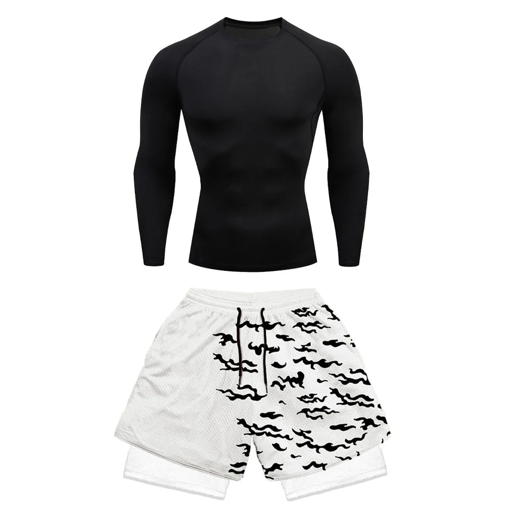 2PCS Anime Compression Sportswear Suit Men's Fitness Set Quick Dry Gothic Compression Shirt+Harajuk 2 in 1 Gym Shorts Summer