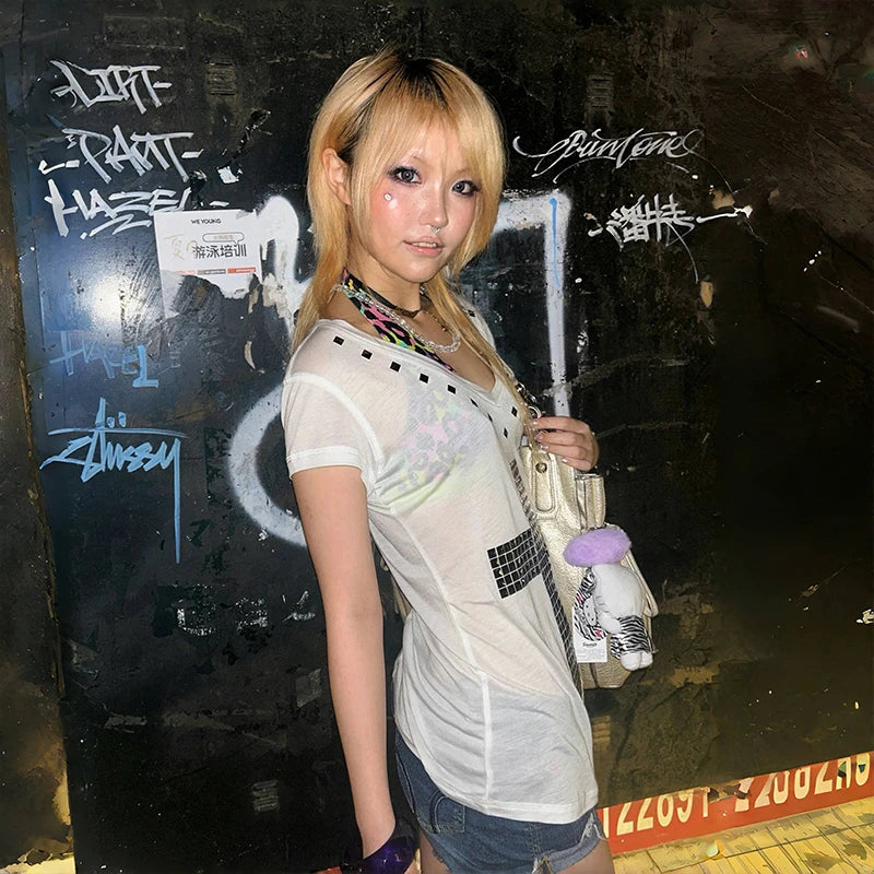 Karrram Japanese Y2k Metal Cross Print T-shirt Vintage Harajuku Short Sleeve Sheer Tops Trashy 2000s V-neck Streetwear Grunge