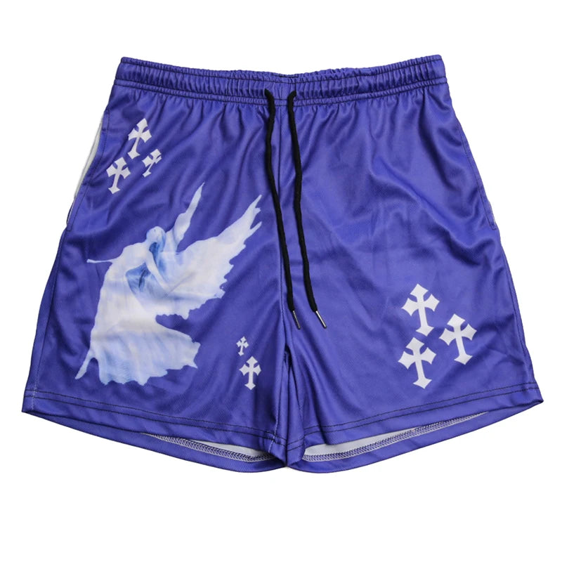 Y2K Christian Angel Cross Print Gym Shorts for Men Active Track Shorts with Pockets Athletic Workout Training Running Jogging