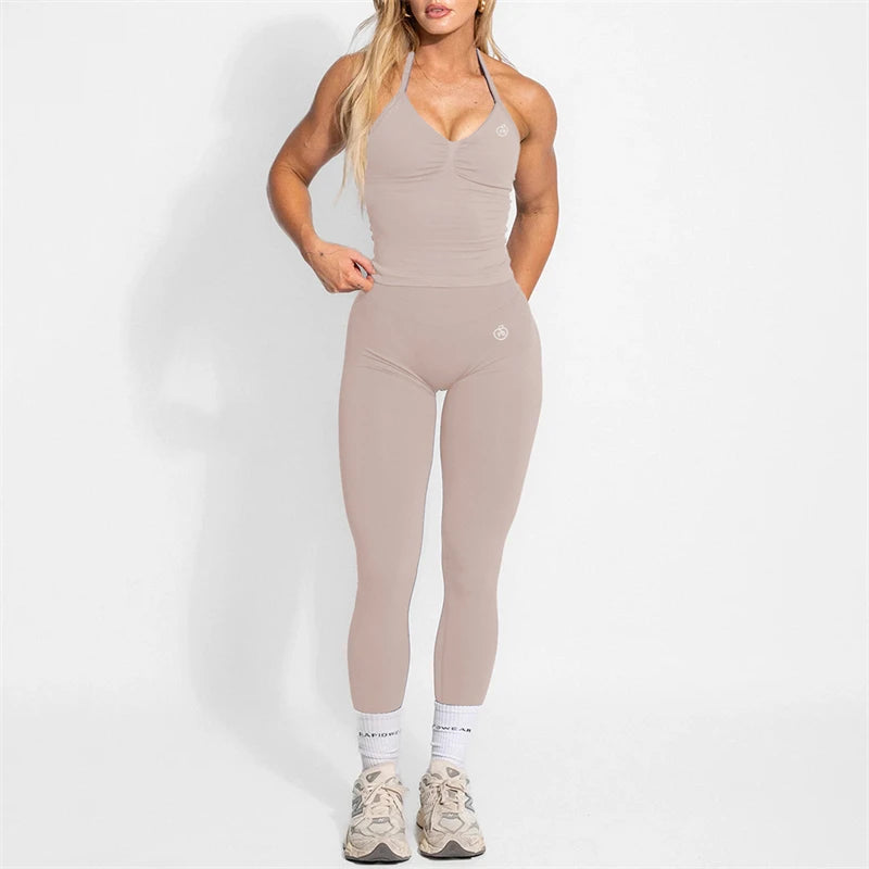 Women's Yoga Set Bum Balance Fitted Halter Tops & Shaping Pants 2pcs Yoga Sportwear Workout Gym Clothing High Waist Leggings Set