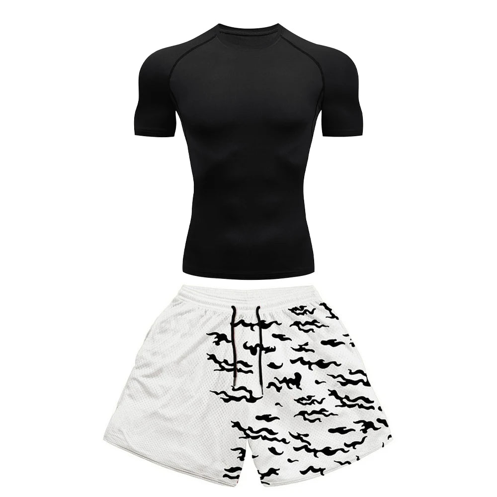 2PCS Anime Compression Sportswear Suit Men's Fitness Set Quick Dry Gothic Compression Shirt+Harajuk 2 in 1 Gym Shorts Summer