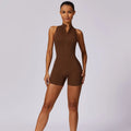 Solid Soft Backless Back Waist Scrunch Yoga Jumpsuit Short Set Women Zipper Sportswear Fitness One Piece Sports Suit Workout