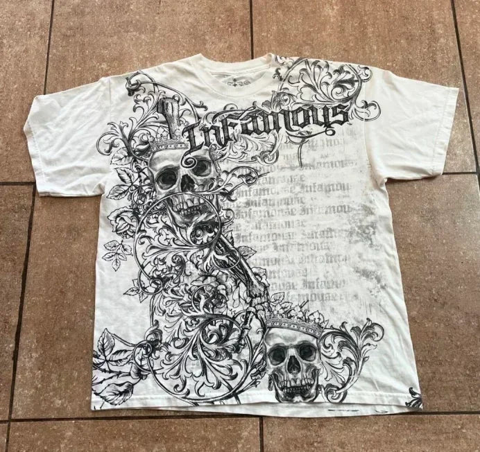 90s American Suffering Trendy Retro Fashion Print Round Neck Short Sleeved T shirt Women Y2K Street Style Gothic Couple Sports