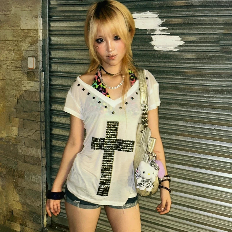 Karrram Japanese Y2k Metal Cross Print T-shirt Vintage Harajuku Short Sleeve Sheer Tops Trashy 2000s V-neck Streetwear Grunge