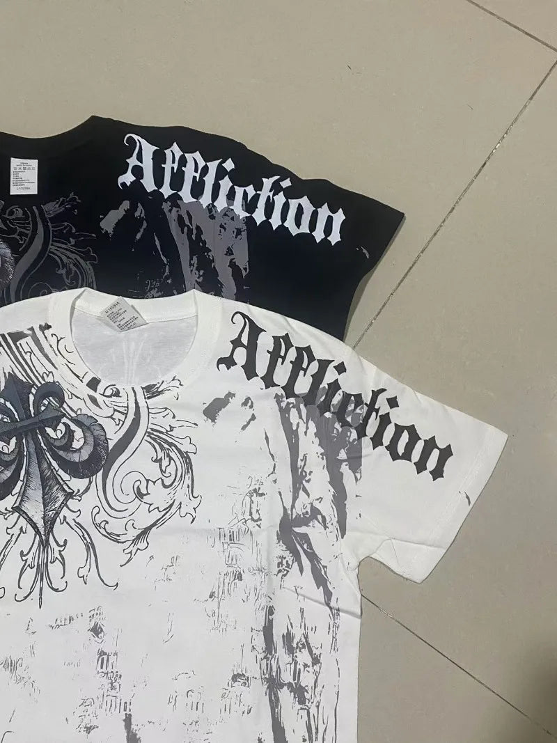 Affliction Out Of Print Short Sleeves Woman Hip Hop Black T Shirt Couple Y2K High Street Pure Cotton Tops Aesthetic Clothes