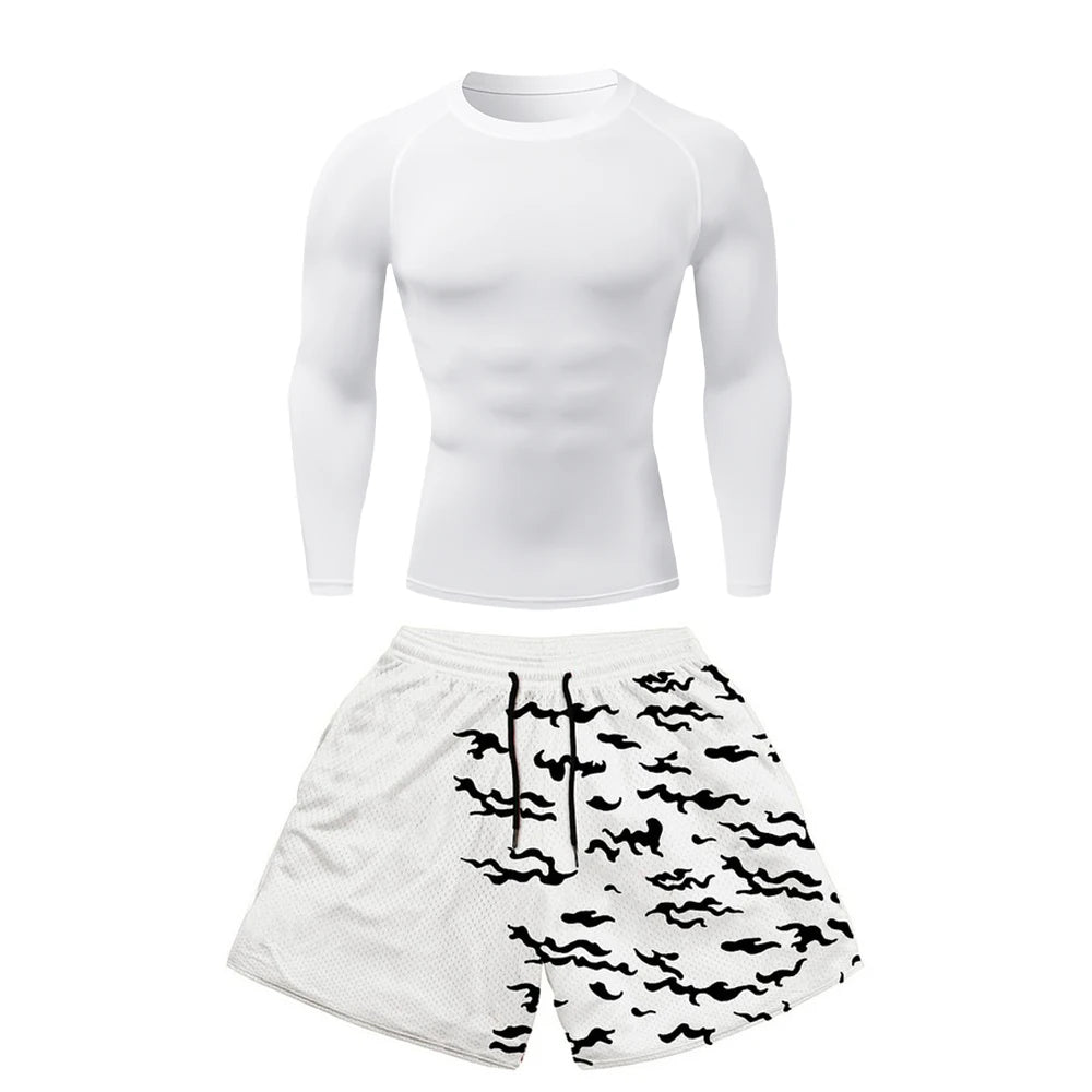 2PCS Anime Compression Sportswear Suit Men's Fitness Set Quick Dry Gothic Compression Shirt+Harajuk 2 in 1 Gym Shorts Summer