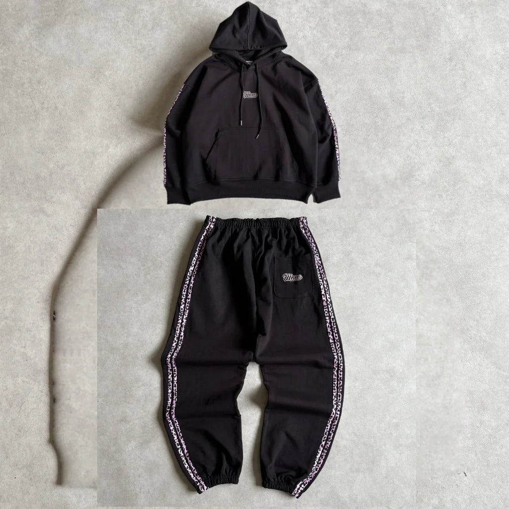 2026 Trendy Unisex Leopard Side Stripe Tracksuit Two Piece Set Men Women Oversize Grey Black Hoodie And Sweatpants Retro Waist