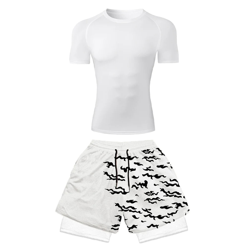 2PCS Anime Compression Sportswear Suit Men's Fitness Set Quick Dry Gothic Compression Shirt+Harajuk 2 in 1 Gym Shorts Summer