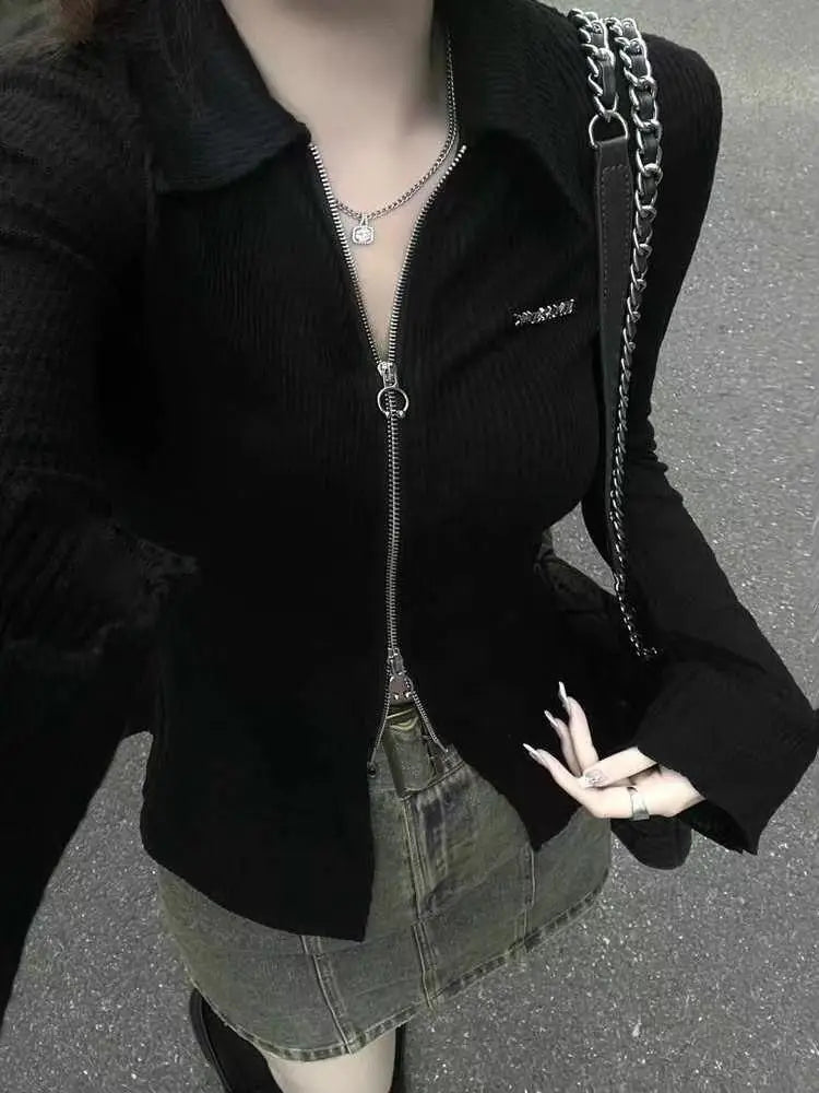 Y2K Slim Fit Zipper Black T-Shirt for Women 2026 Spring New Long Sleeve Fitted Top Woman Chic Street Style Sexy Knitted Crop Tee