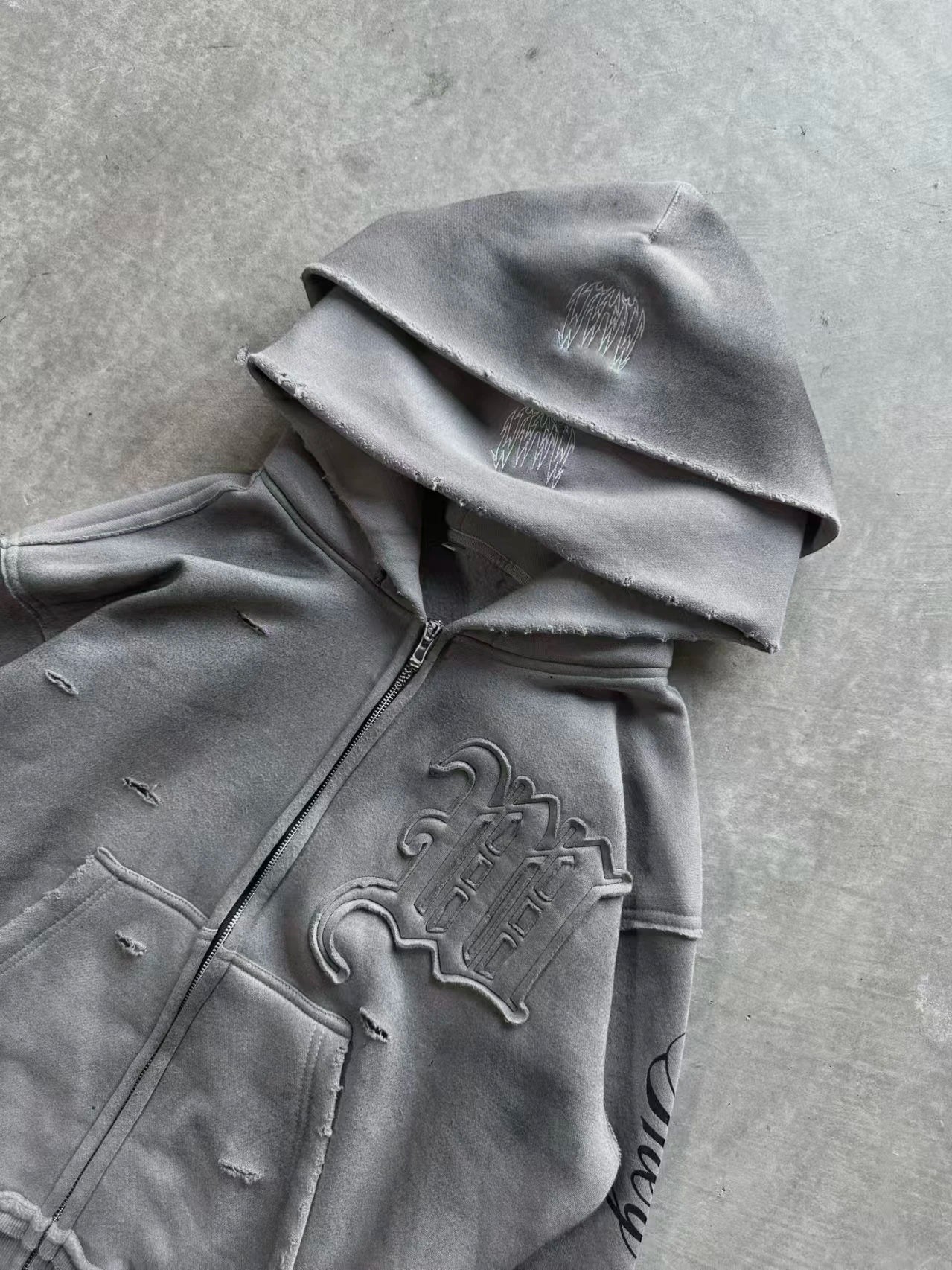 Y2K High Street Retro perforated patchwork double Hat Men Set Punk Hip-hop aged personality top hoodie Couple casual sportswear