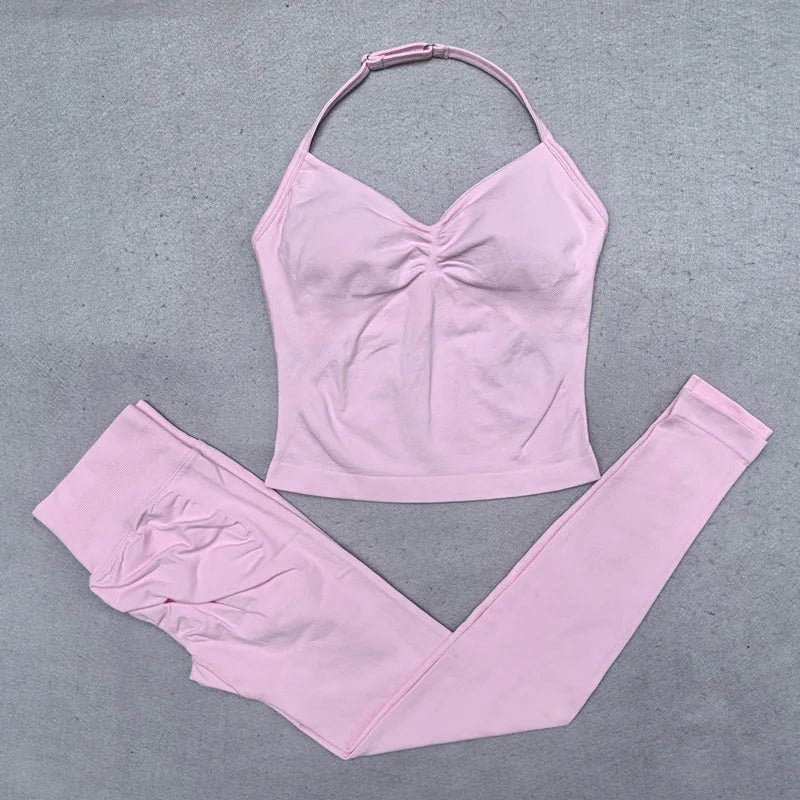 Seamless Yoga Set Women 2Pcs Padded Halter Tank Top Scrunch Butt Lifting Gym Leggings Set Woman Sportswear Workout Clothes