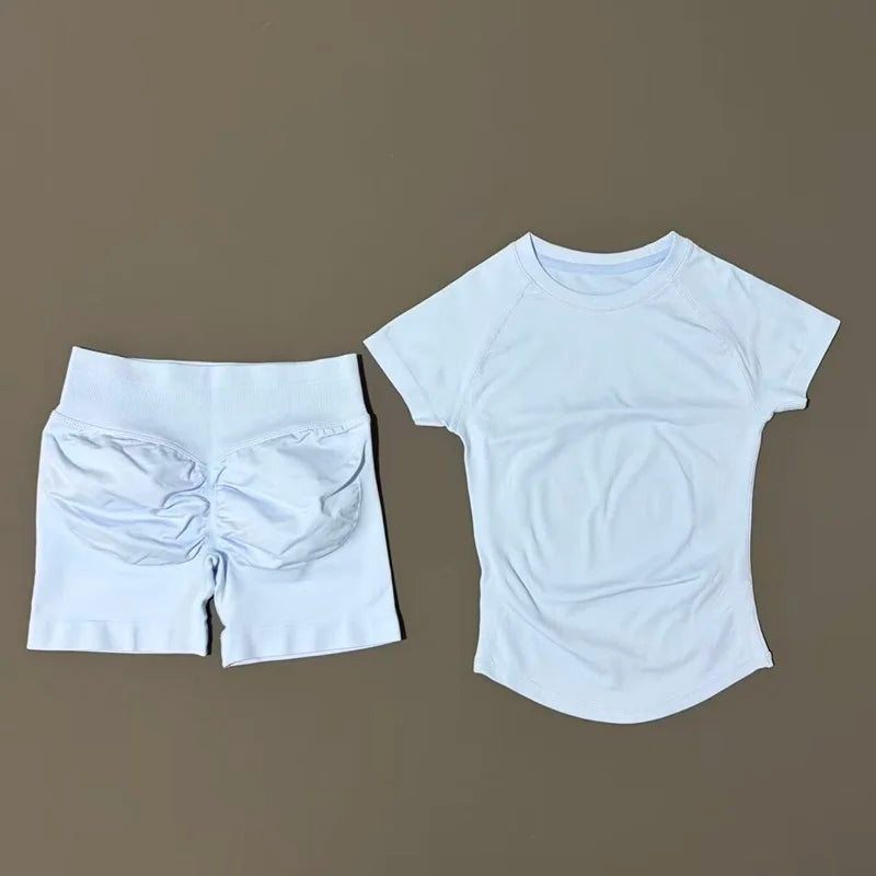 2 Pcs HISTELLO Impact Gym Sets Short Sleeve Seamless Yoga Clothing Fitness Set Women Workout Running Sports Short Leggings Suit