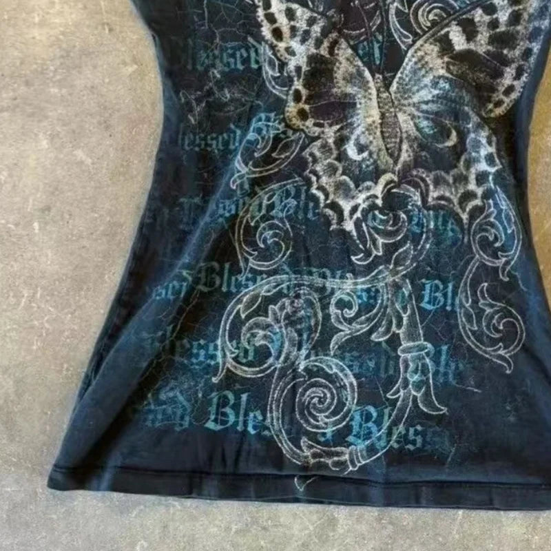 Harajuku Fairy Cropped Butterfly Printing T Shirts Vintage Grunge Streetwear Tops Women Summer Y2k Aesthetic Casual Crop Tshirts