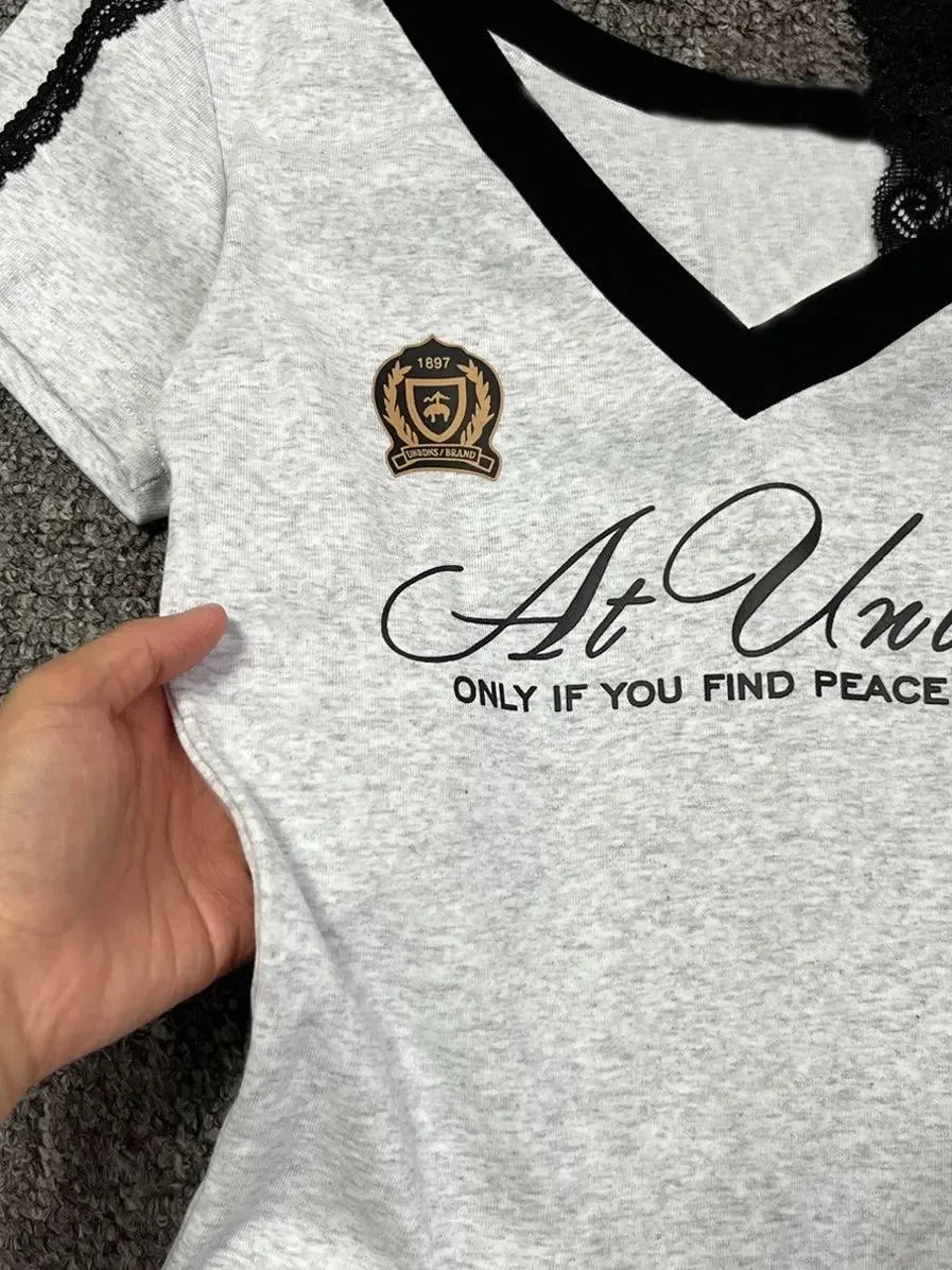 Millennium style Gothic Hot Girl Waist Splicing Lace Strap Short Sleeve T-shirt for Women 2025 New Summer navy blue slim fit top