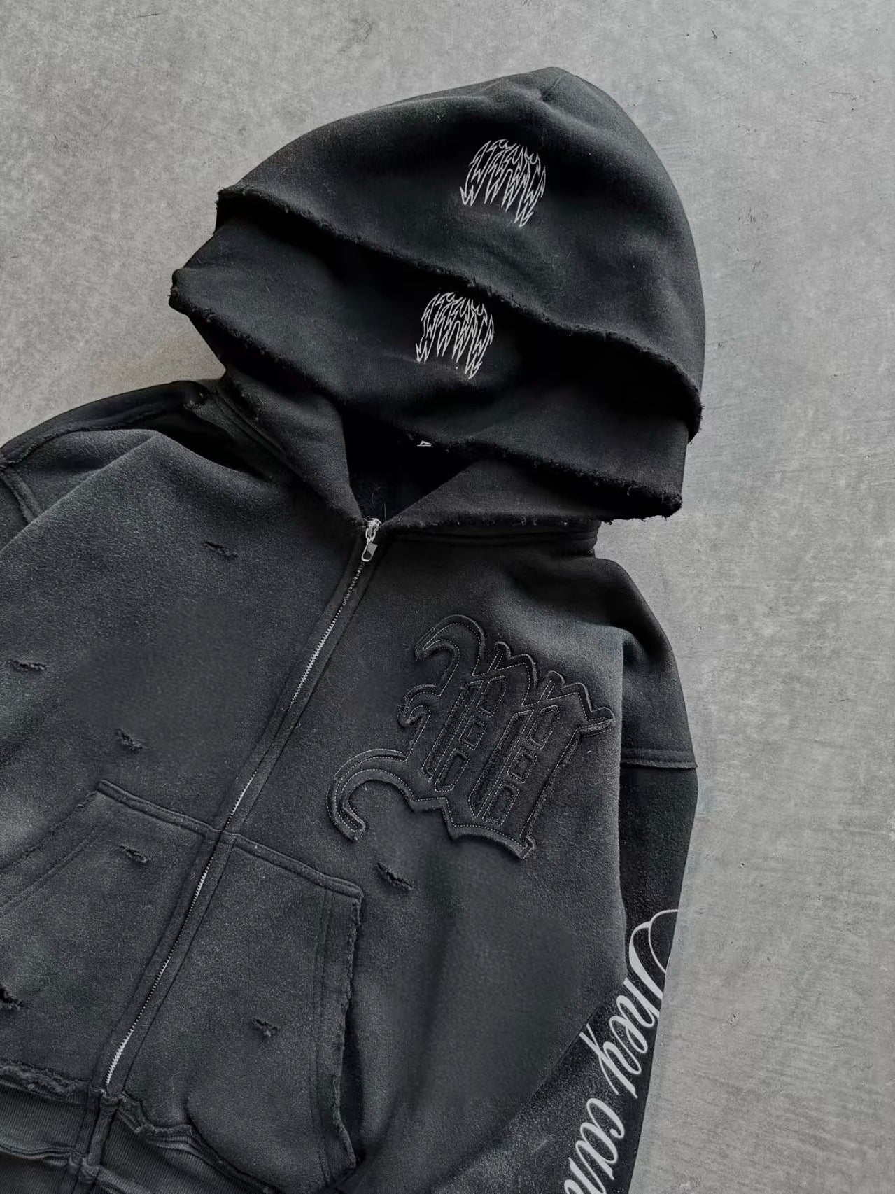 Y2K High Street Retro perforated patchwork double Hat Men Set Punk Hip-hop aged personality top hoodie Couple casual sportswear