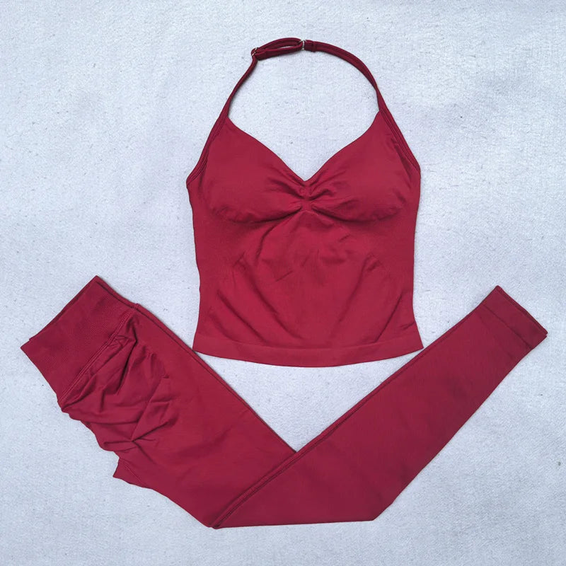 Seamless Yoga Set Women 2Pcs Padded Halter Tank Top Scrunch Butt Lifting Gym Leggings Set Woman Sportswear Workout Clothes