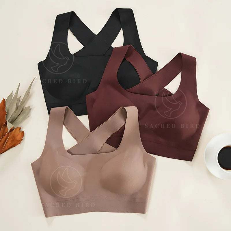 Fashionable seamless one-piece thin breathable sports bra sexy and beautiful back women's no steel ring cross shoulder strap br