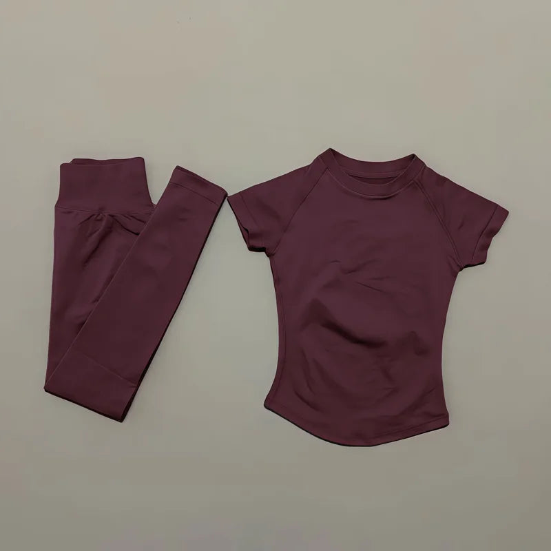 2 Pieces Impact Sports Sets  Short Sleeve Seamless Yoga Top Fitness Set Women Workout Running Sports Leggings Gym Suit