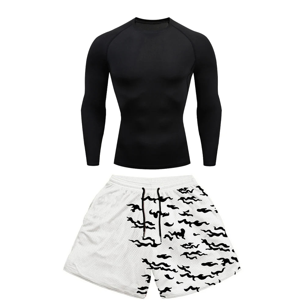 2PCS Anime Compression Sportswear Suit Men's Fitness Set Quick Dry Gothic Compression Shirt+Harajuk 2 in 1 Gym Shorts Summer