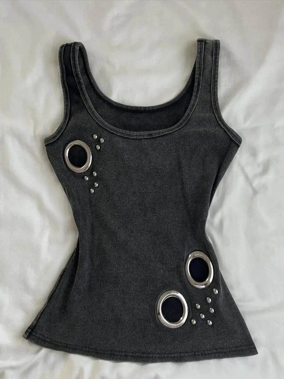 Summer new metal ring decoration slimming sleeveless women clothing retro washed fabric camisole vest for women