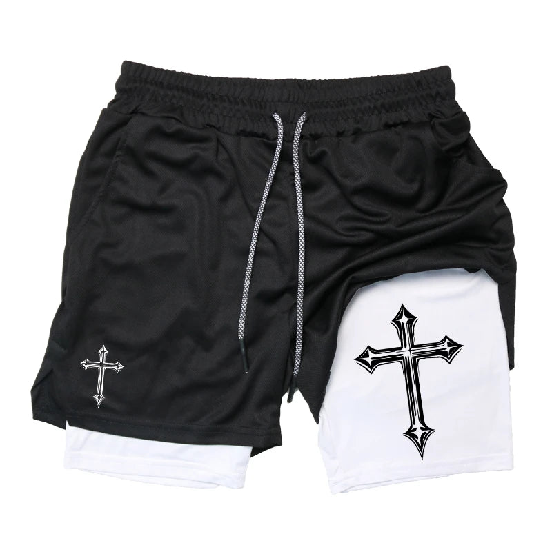 Cross Print 2 in 1 Workout Running Shorts for Men Christian Gym Athletic Shorts with Compression Liner Phone Pocket Towel Loop